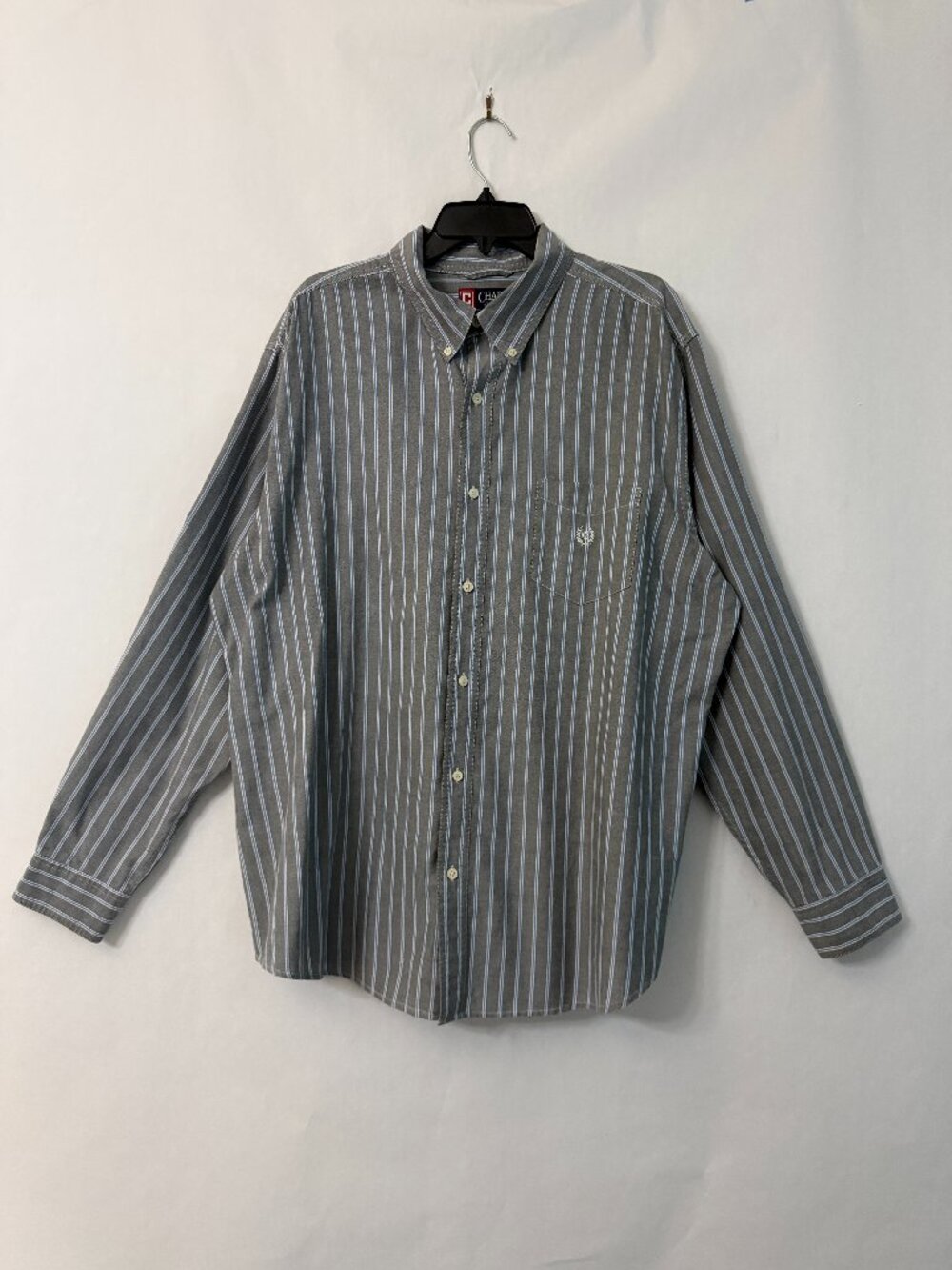 Chaps Button Down Cotton Blend Shirt Long Sleeve Gray Blue White Striped